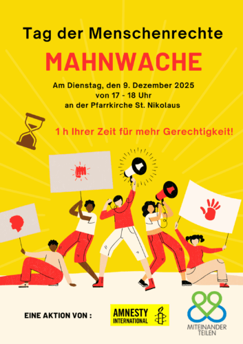 Plakat zur Mahnwache zum Tag der Menschenrechte: Dienstag, 9.12.2025, 17-18 Uhr, Pfarrkirche St. Nikolaus, 4700 Eupen