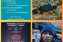 Viergeteiltes Plakat der weMIND. Filmtage im Novemer 2025. Neben dem Programm sind die Filmplakate der drei gezeigten Filme gezeigt: "No other land", "The seed ot the sacred fig" und "L'histoire de Souleymane".