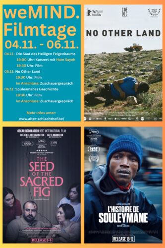 Viergeteiltes Plakat der weMIND. Filmtage im Novemer 2025. Neben dem Programm sind die Filmplakate der drei gezeigten Filme gezeigt: "No other land", "The seed ot the sacred fig" und "L'histoire de Souleymane".